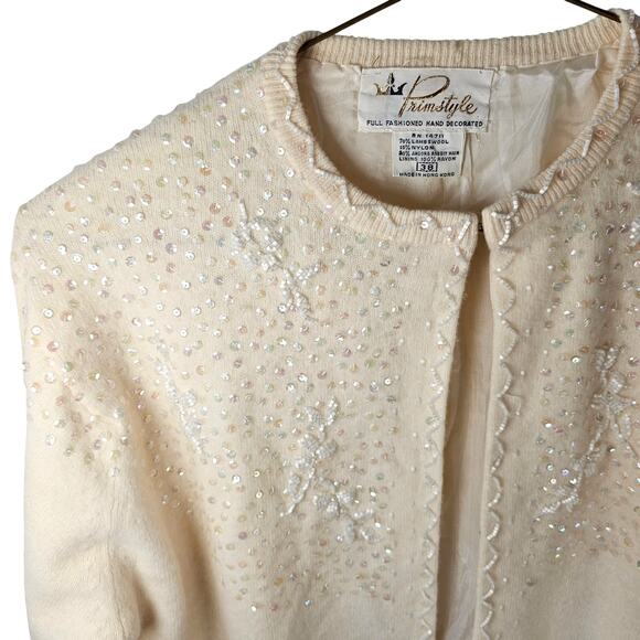 Vintage Beaded Cardigan Sweater Primstyle 38 Cream Angora Wool Sequin Hong Kong - Picture 7 of 16
